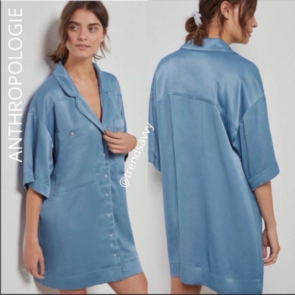 Anthropologie Adriana Ocean Wave Sleep Tunic Dress XS Blue White Loungewear NWT